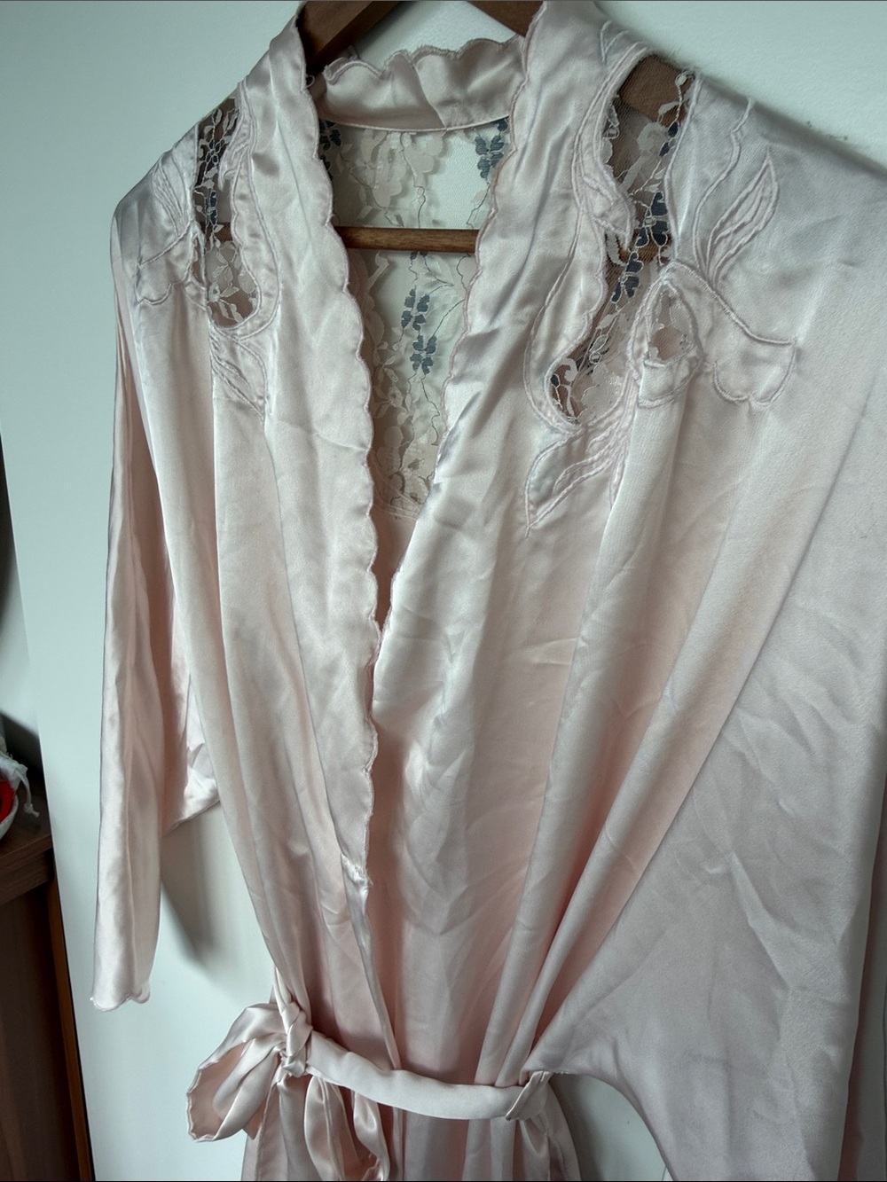 Vintage Long Satin Robe with Lace Trim - Light Pink